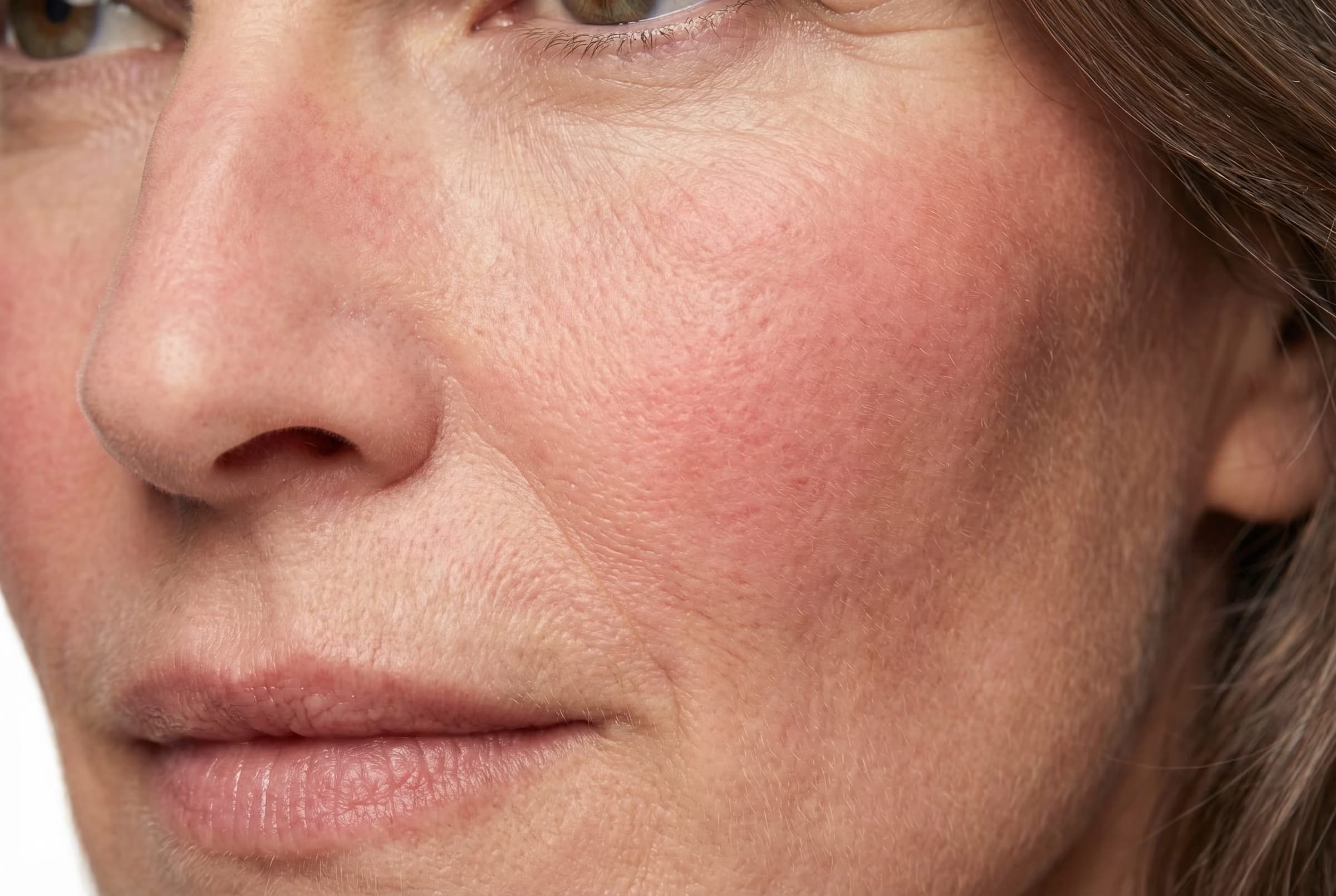 Face marked by diffuse erythrosis on the cheeks.
