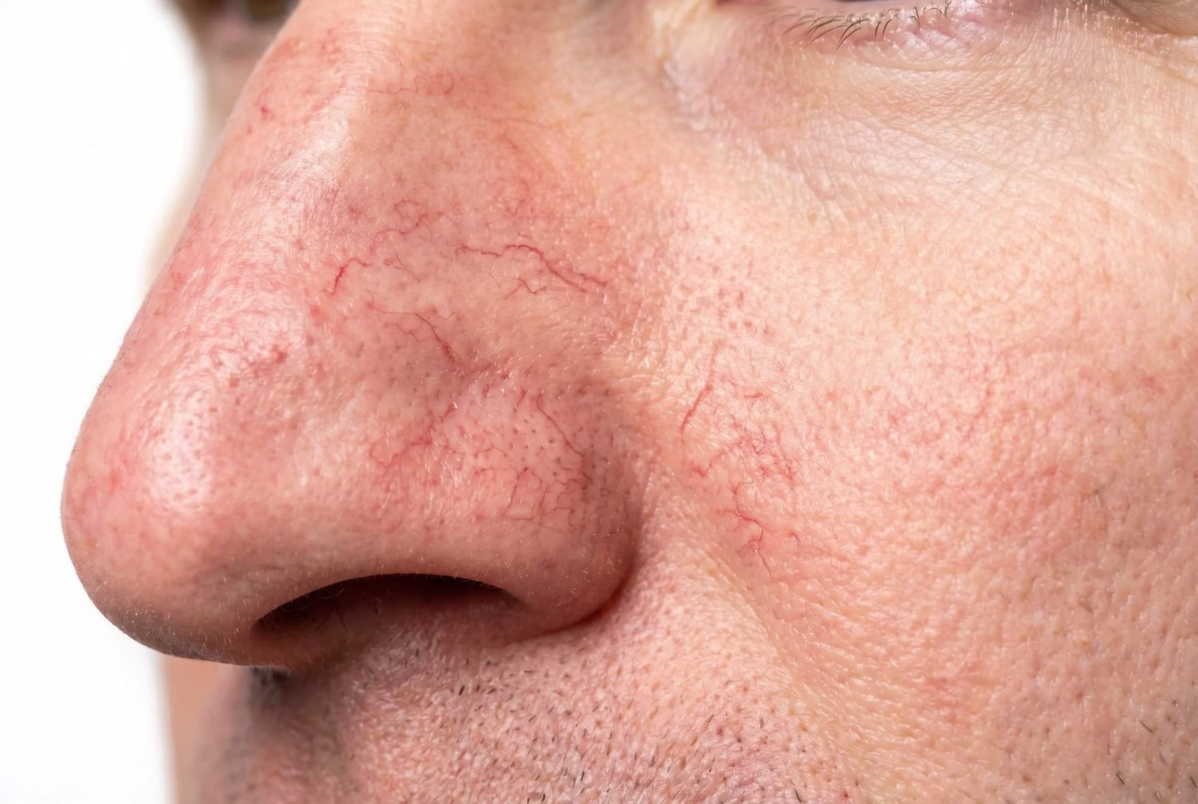 Cheek showing the dilated vessels characteristic of rosacea.